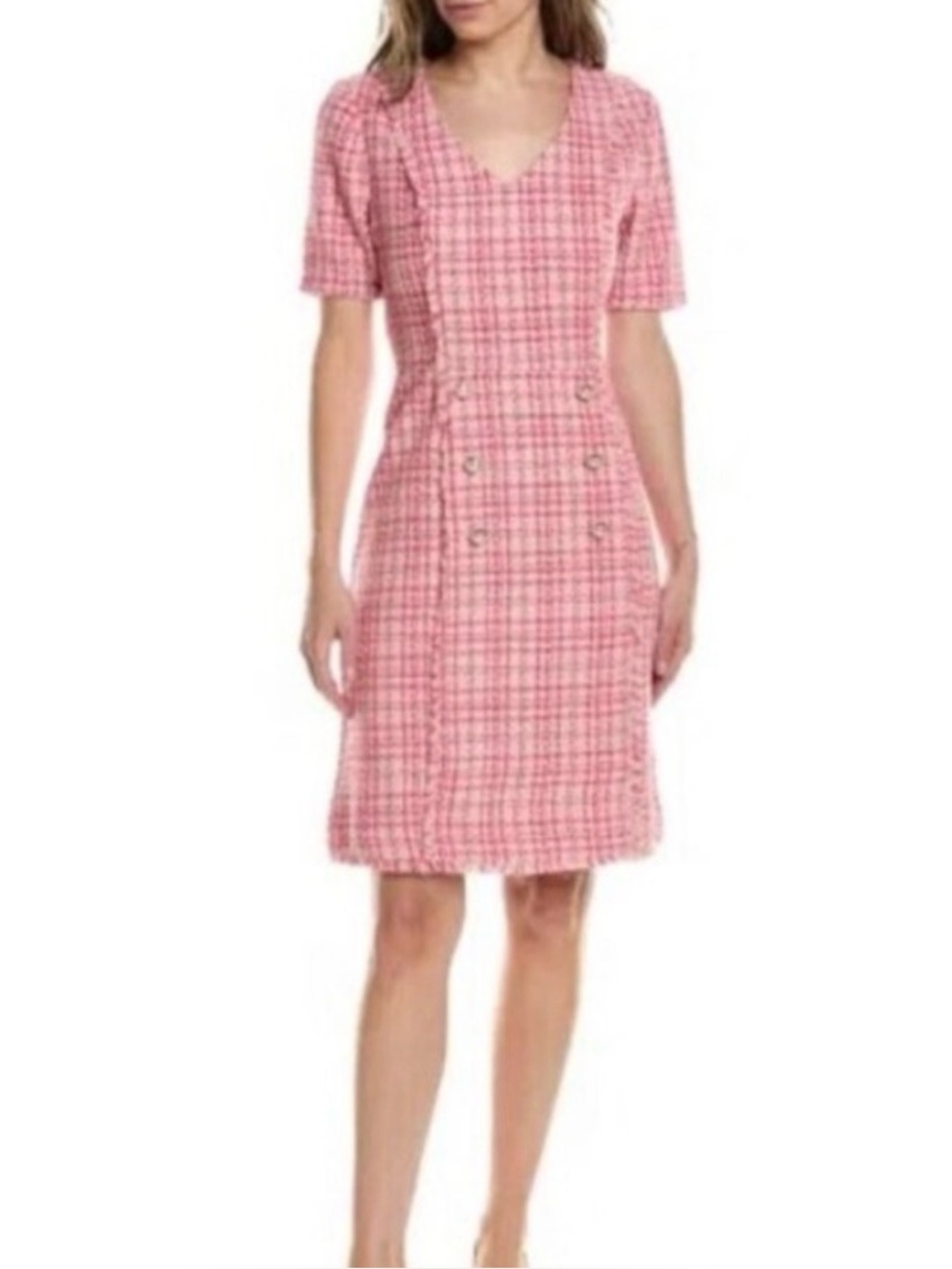Nanette LePore Pink Boucle Tweed Mini Dress With Pearl Buttons